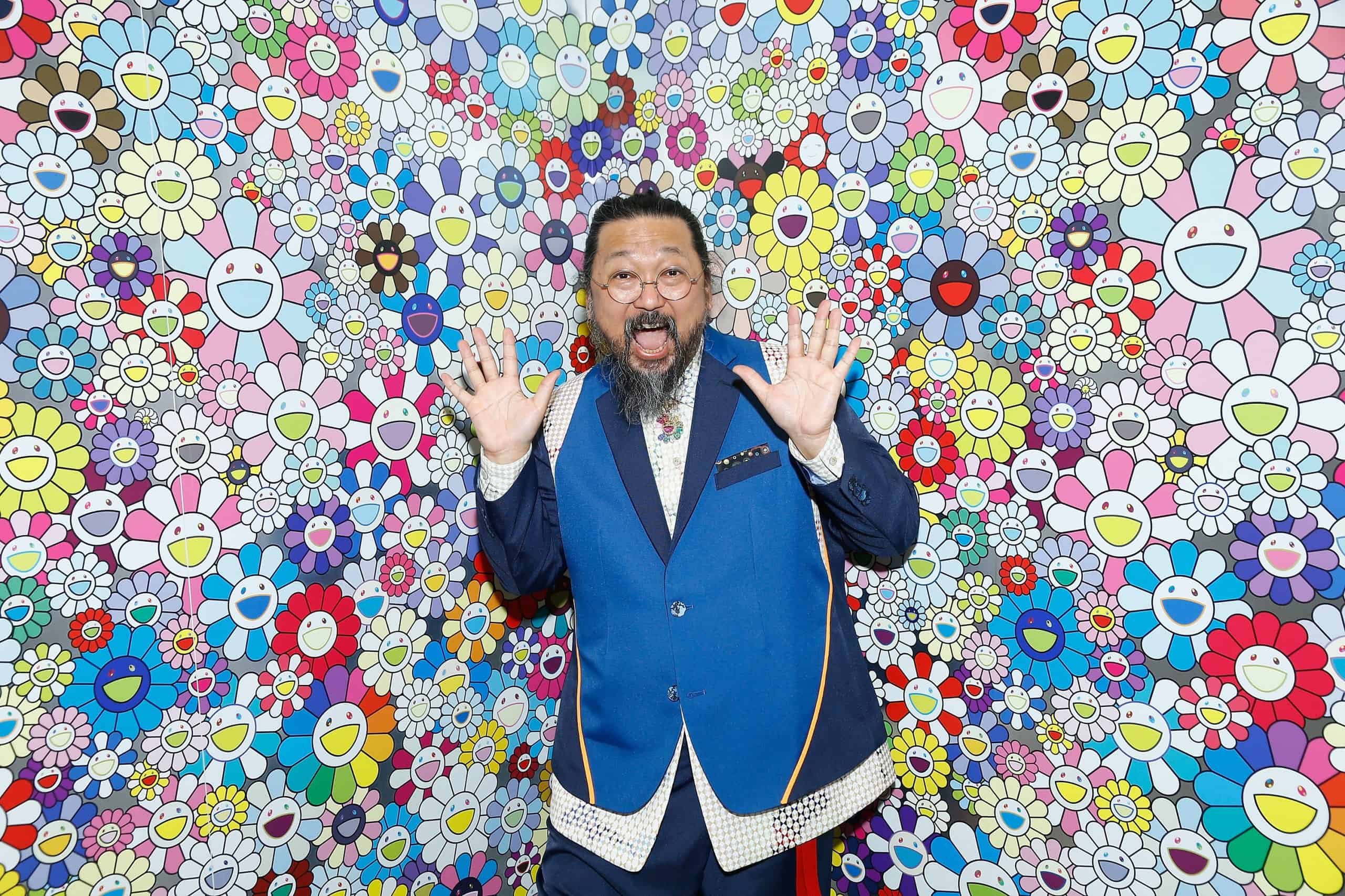 Takashi Murakami inspired art piece with colorful floral design background.