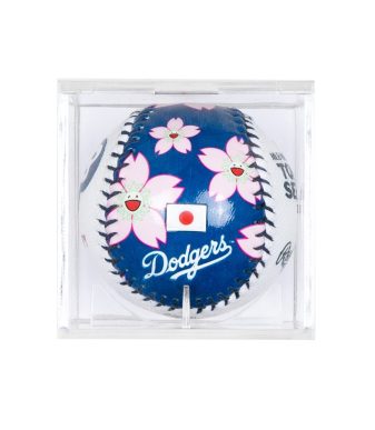 Takashi Murakami-designed Dodgers baseball with cherry blossom artwork.