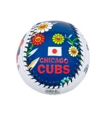 Colorful Murakami-designed Chicago Cubs baseball with flowers and Japanese flag.
