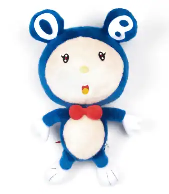 Plush toy inspired by Takashi Murakami's art, featuring a cute bear character with a blue hood and r.