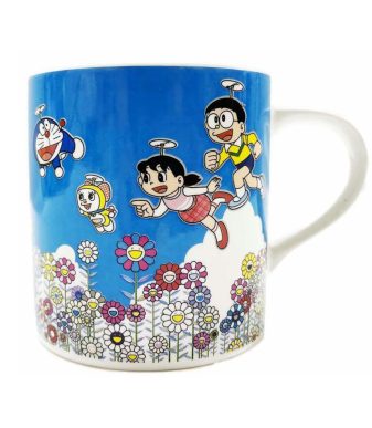 Doraemon and friends on a colorful floral mug, inspired by Takashi Murakami's vibrant art style.
