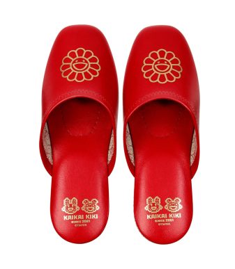 Vinyl slippers featuring Murakami's iconic flower design in vibrant red. Perfect collectible footwea.