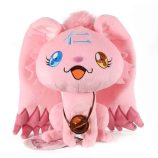 Cute pink plush Kakai Kiki doll by Takashi Murakami with large expressive eyes and a pendant necklac.