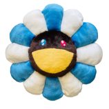 Blue and brown flower plush cushion with a smiling face, inspired by Takashi Murakami's art.