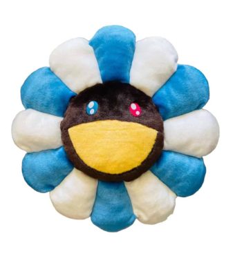 Blue and brown flower plush cushion with a smiling face, inspired by Takashi Murakami's art.