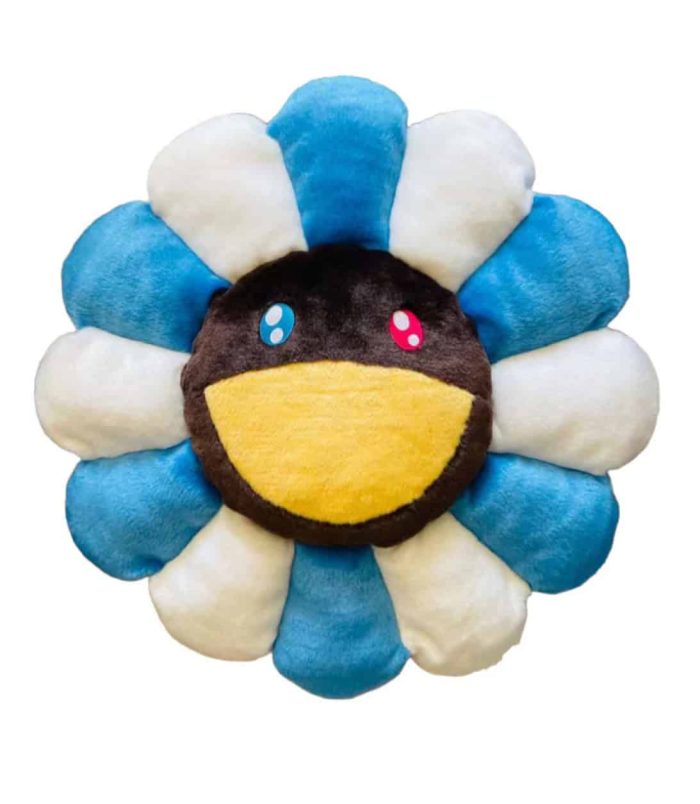 Takashi Murakami Blue Brown Flower Cushion Blue and brown flower plush cushion with a smiling face, inspired by Takashi Murakami's art.