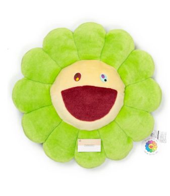 Green flower plush cushion inspired by Takashi Murakami's art, 60 cm size.