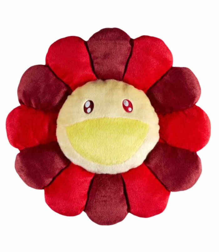 Takashi Murakami Red Yellow Flower Cushion Plush Cushion pillow inspired by Takashi Murakami's iconic flower design, featuring vibrant red and yellow.