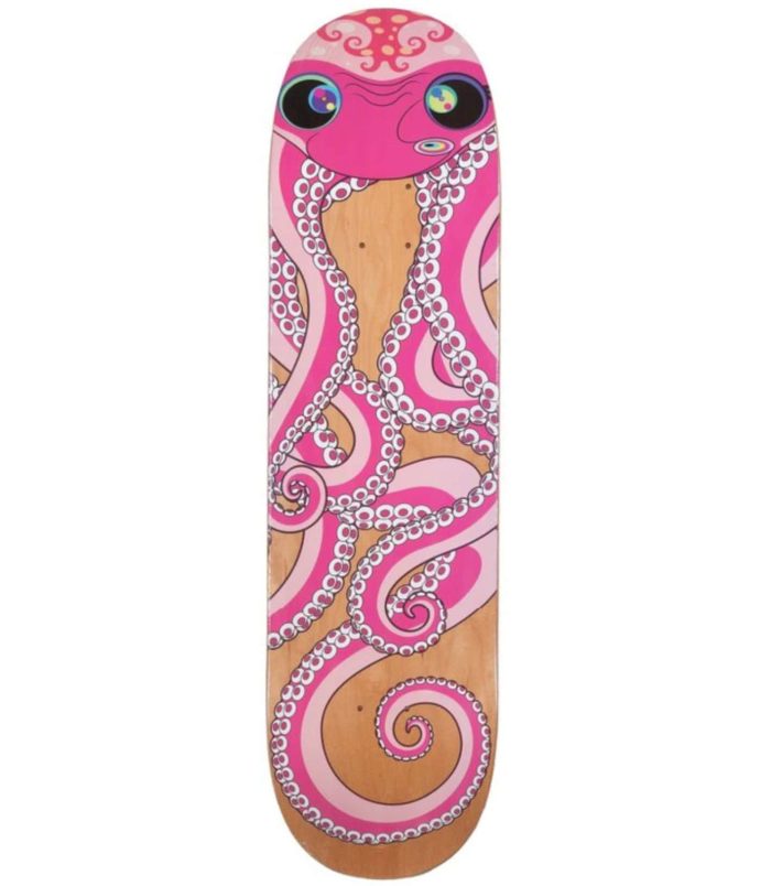 Octopus Eats Its Own Leg skateboard deck by Takashi Murakami for ComplexCon, featuring vibrant pink.