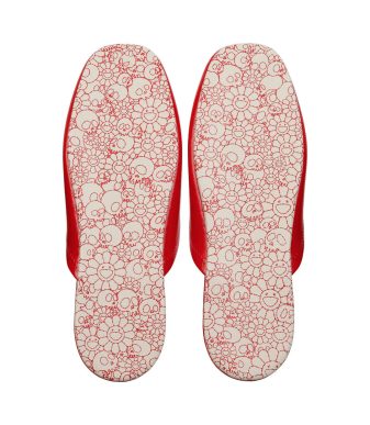 Vintage Takashi Murakami Flower vinyl slippers with red accents, collectible art footwear.