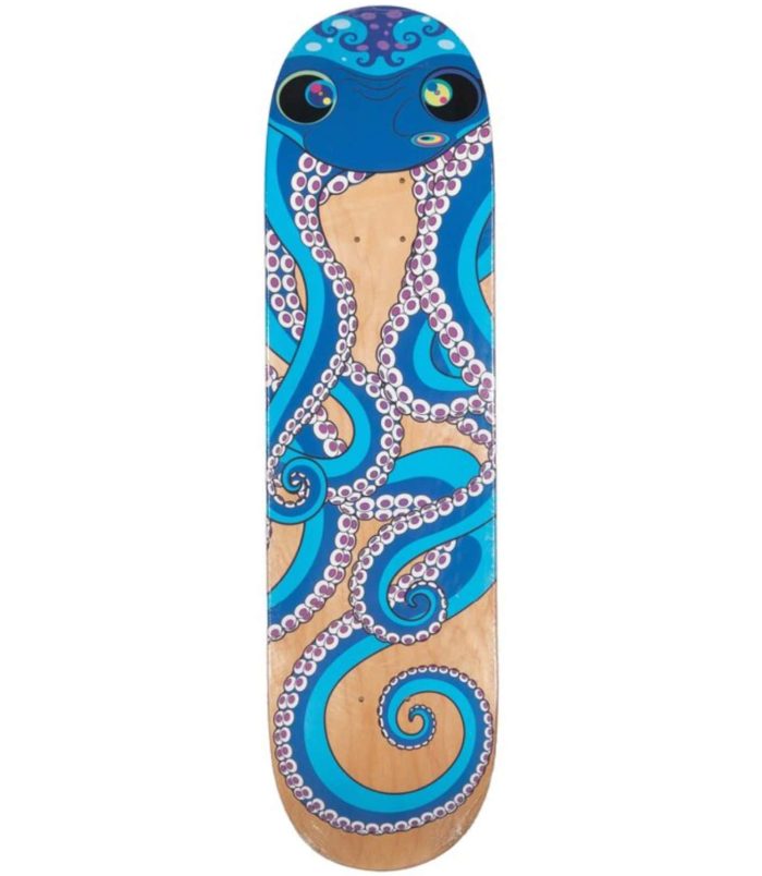 Colorful octopus-themed skateboard deck by Takashi Murakami with blue and pink accents.