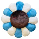 Bright blue and brown flower plush cushion inspired by Takashi Murakami's art. Soft, decorative, per.