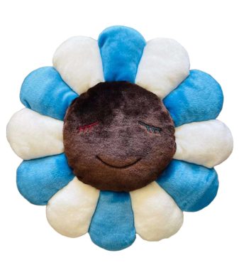 Bright blue and brown flower plush cushion inspired by Takashi Murakami's art. Soft, decorative, per.