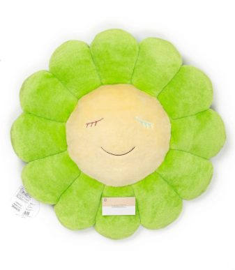 Colorful plush flower pillow inspired by Murakami's art, perfect for home decor or as a collectible.