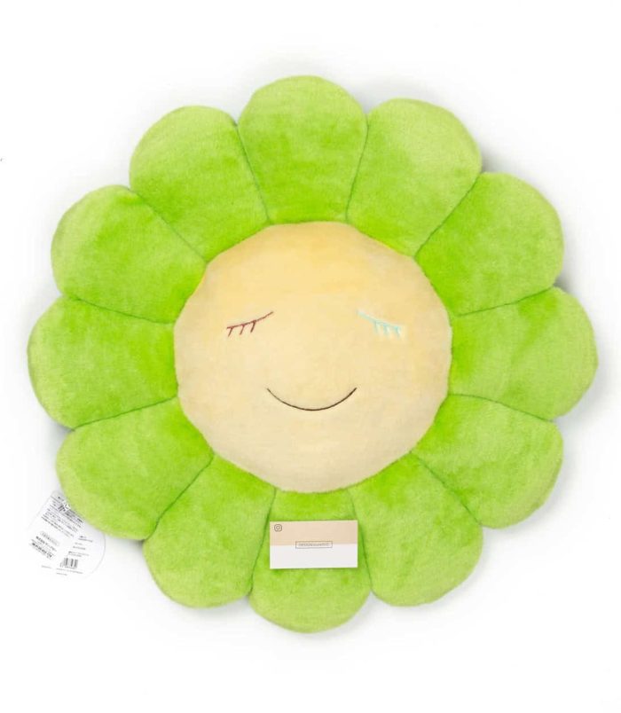 Colorful plush flower pillow inspired by Murakami's art, perfect for home decor or as a collectible.