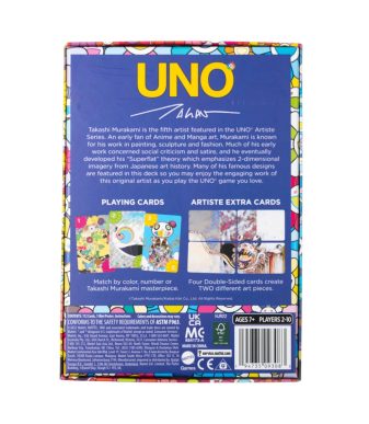 Collectible UNO card game featuring Takashi Murakami's artwork and vibrant design.