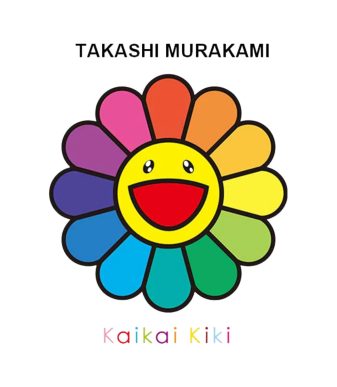 Bright, vibrant flower design by Takashi Murakami featuring a smiling face and rainbow petals.
