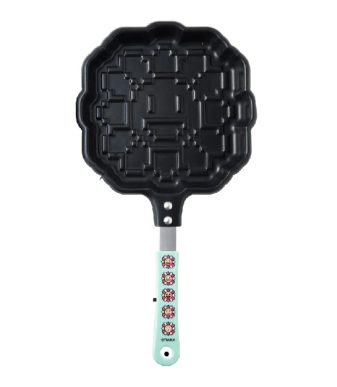 Pixel Flower pancake maker with blue handle inspired by Takashi Murakami's art. Perfect for creative.