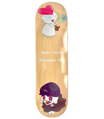 Bright skateboard deck featuring Murakami's Iikoto-chan and Waruikoto-kun characters.