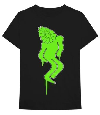 Bright green Blohsh character with melting design on black T-shirt.
