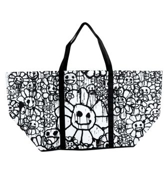 Colorful floral tote bag featuring Murakami's signature smiley flowers design.
