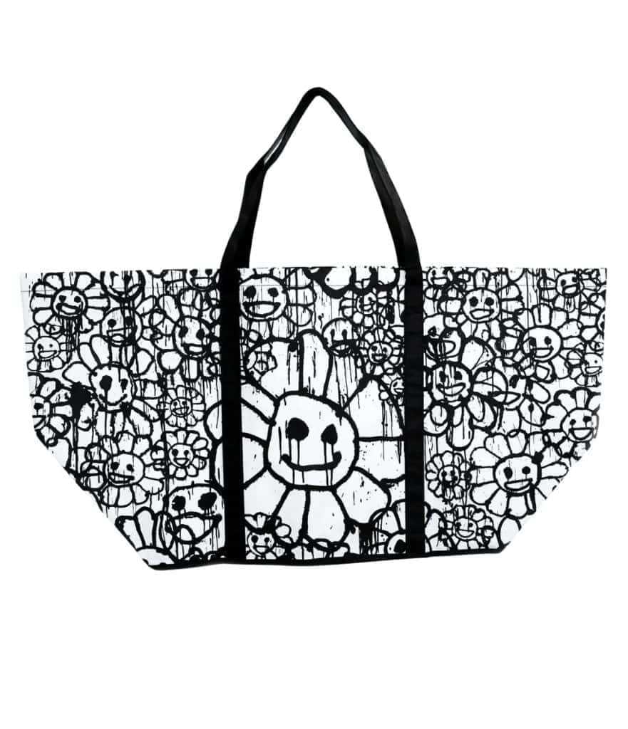 Colorful floral tote bag featuring Murakami's signature smiley flowers design.