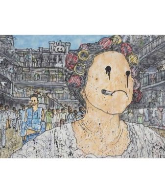 Artwork depicting a woman with a distressed face, hair rollers, and a busy background scene.