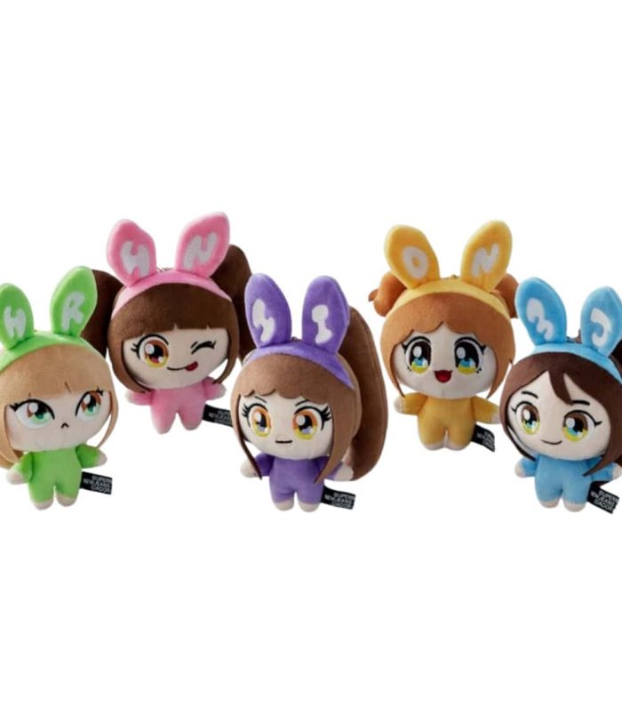 Cute NewJeans x Takashi Murakami plush keyring set with colorful bunny ears. Adorable plush keyrings featuring NewJeans members with Takashi Murakami-inspired designs.
