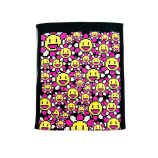 Vibrant Takashi Murakami 108 Flowers towel with pixel art smiley faces in yellow, pink, and black.
