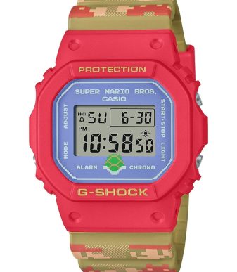 G-SHOCK Super Mario Bros. limited edition digital watch with colorful camouflage strap.