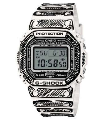 Black and white Casio G-SHOCK DW-5600JV-7JR with Joshua Vides artwork.