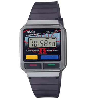 Casio A120WEST-1A Stranger Things digital watch with black strap and retro design.