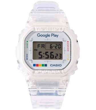 White G-Shock DW-5600UE watch with Google Play branding and colorful accents.