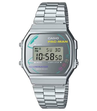 Casio Pac-Man themed digital watch with retro design and metal band.