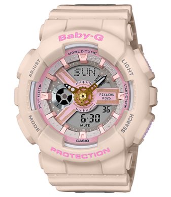 Pink Casio Baby-G BA-110PKC-4AJR with Pikachu design, digital and analog display.