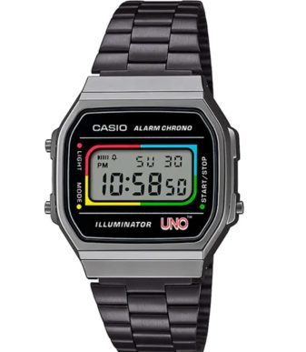 Casio x UNO digital watch with black metal band and colorful accents.