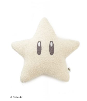 Star-shaped plush cushion inspired by Super Mario's iconic star, perfect for fans and collectors.