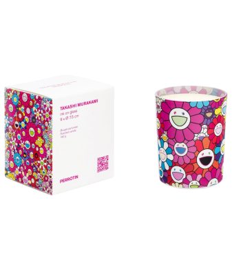 Colorful Takashi Murakami floral candle with smiling faces, vibrant pink, and playful design.