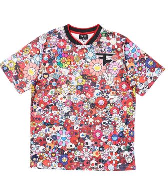 Colorful FaZe x Takashi Murakami jersey with floral and skull design, short-sleeved game shirt.