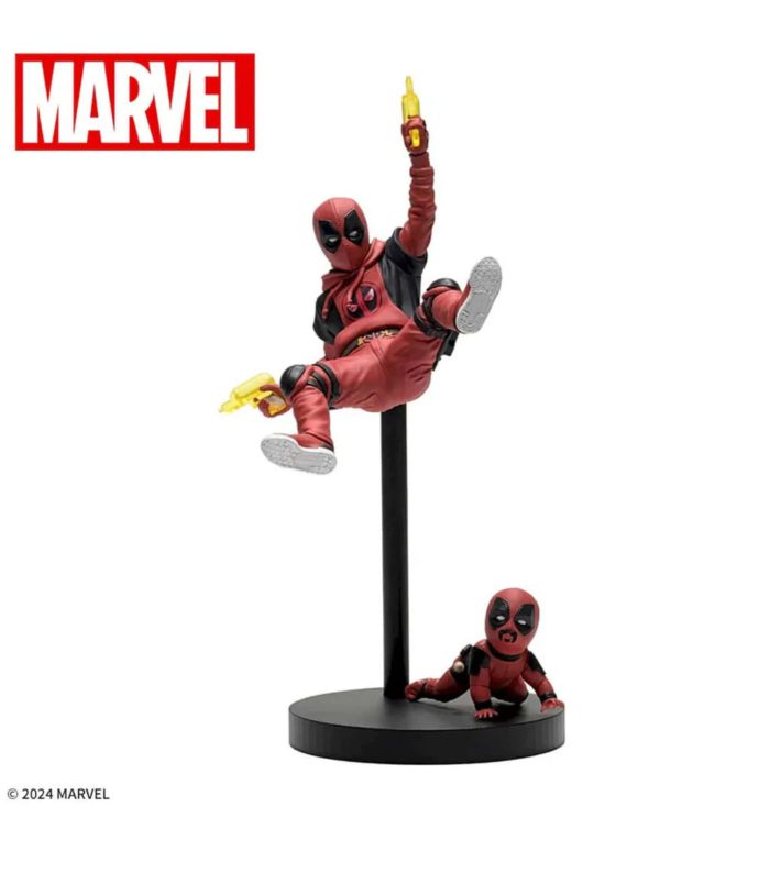 Deadpool and Wolverine Kidpool and Babypool collectible Marvel figures on display.