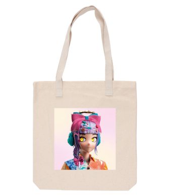 Anime character tote bag featuring vibrant, colorful artwork of a stylized girl with headphones and.