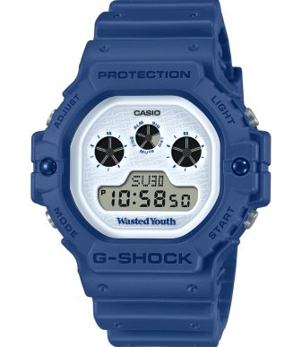 G-Shock DW-5900WY-2JR limited edition watch by Wasted Youth, featuring a bold blue design and digita.