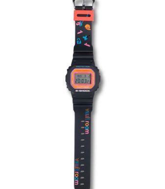 G-SHOCK DW-5600VR26-1JR collaboration watch with Vaultroom design, colorful strap, and digital displ.