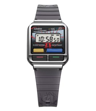 Digital watch inspired by Stranger Things, black with colorful buttons and retro design.