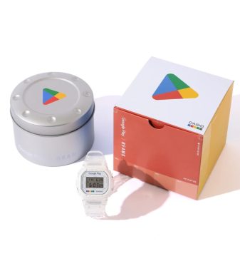 Limited Edition G-Shock DW-5600UE watch with Google Play and BEAMS branding.