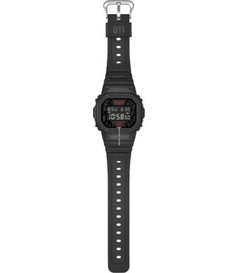 Casio G-SHOCK Stranger Things DW-5600STT-1JR watch with black strap and digital display.