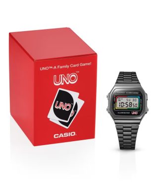 Casio x UNO collaboration digital watch with UNO-themed design and black metal band.