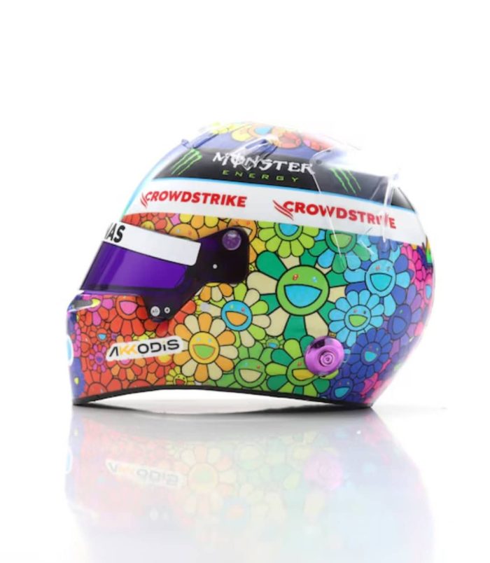 Lewis Hamilton × Takashi Murakami Miniature Helmet - Rare Inventory Miniature helmet featuring a colorful floral design by Takashi Murakami, inspired by Lewis Hamilton'.