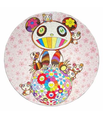 Colorful panda art puzzle by Takashi Murakami with playful pandas and vibrant floral patterns.