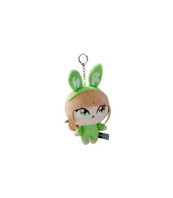 Plush keychain featuring a cute bunny-eared character with "H" and "R" on ears, perfect for collecto.